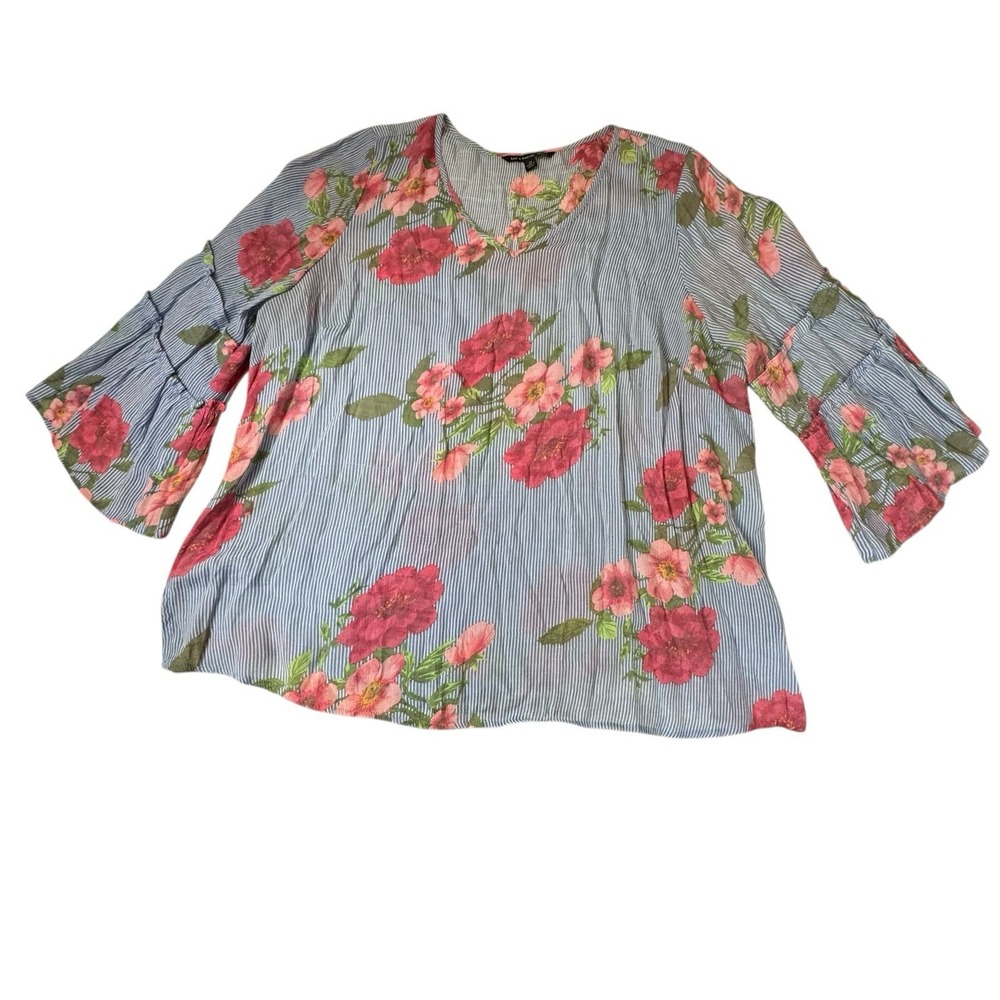 Zac & Rachel Top 2X Pullover Flowy Blue Stripped Floral Neck 3/4 Bell Sleeve